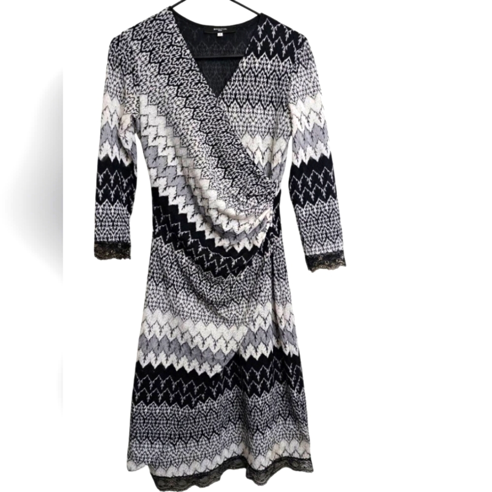 Brighton Paris Elegant Black and White Vtg Crochet Style Patterned Dress